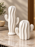 Set of 2 white ceramic cactus statues