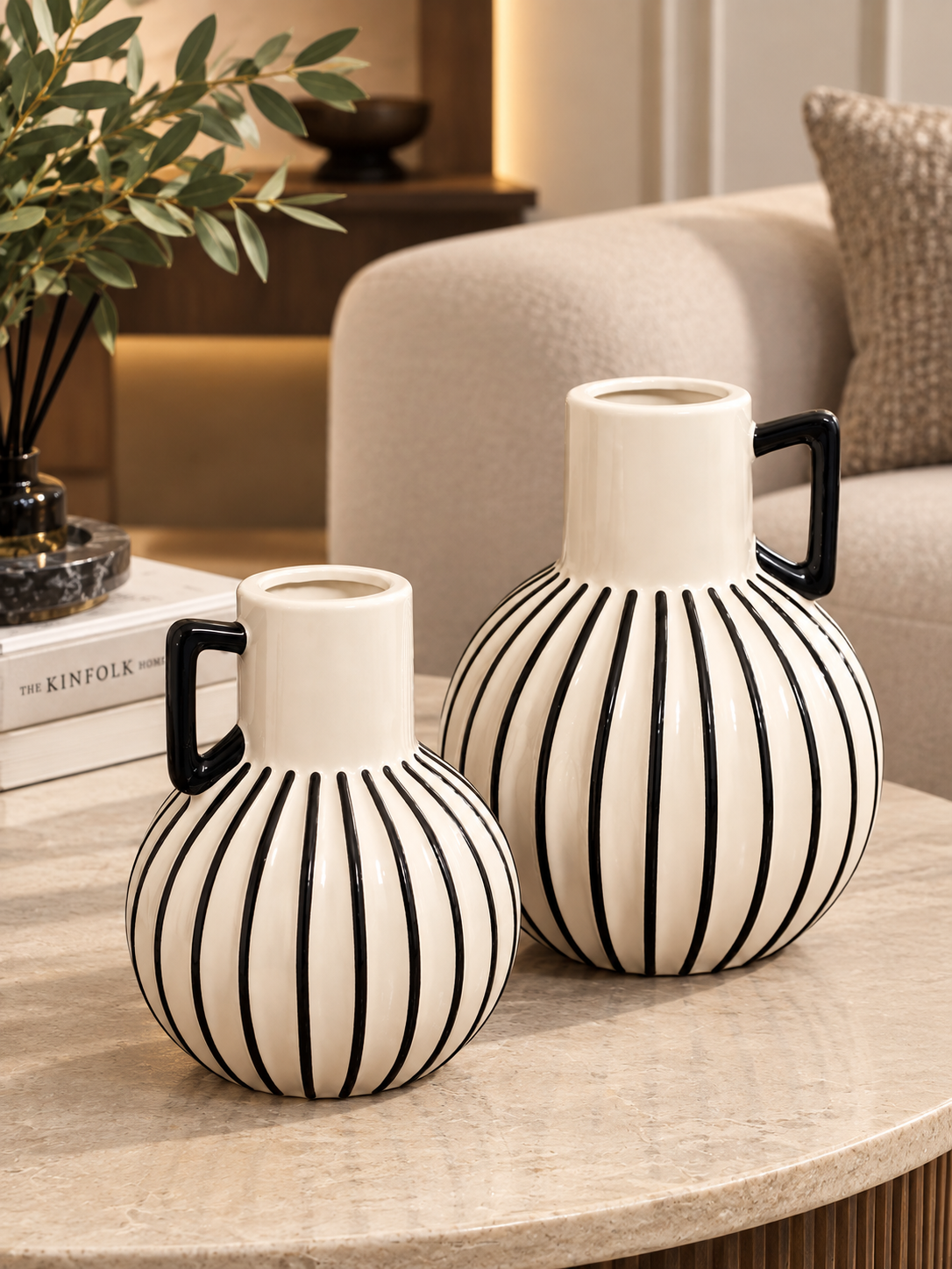 Set of Two Striped  Jug Vases