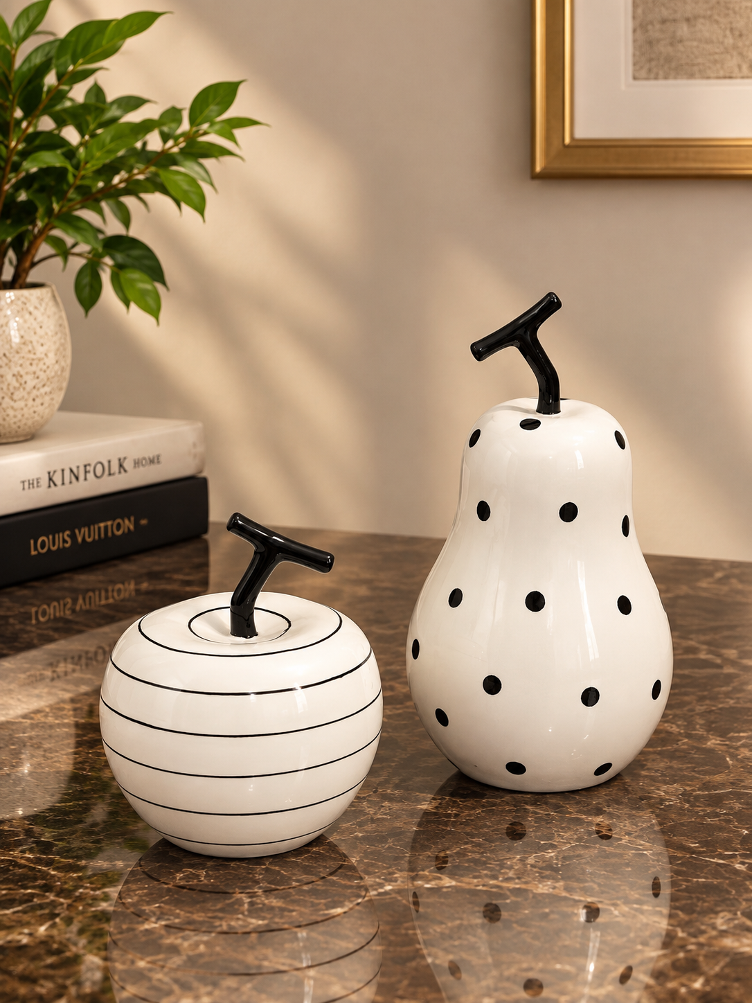 Set of 2 Pear & Apple Ceramic Decorative