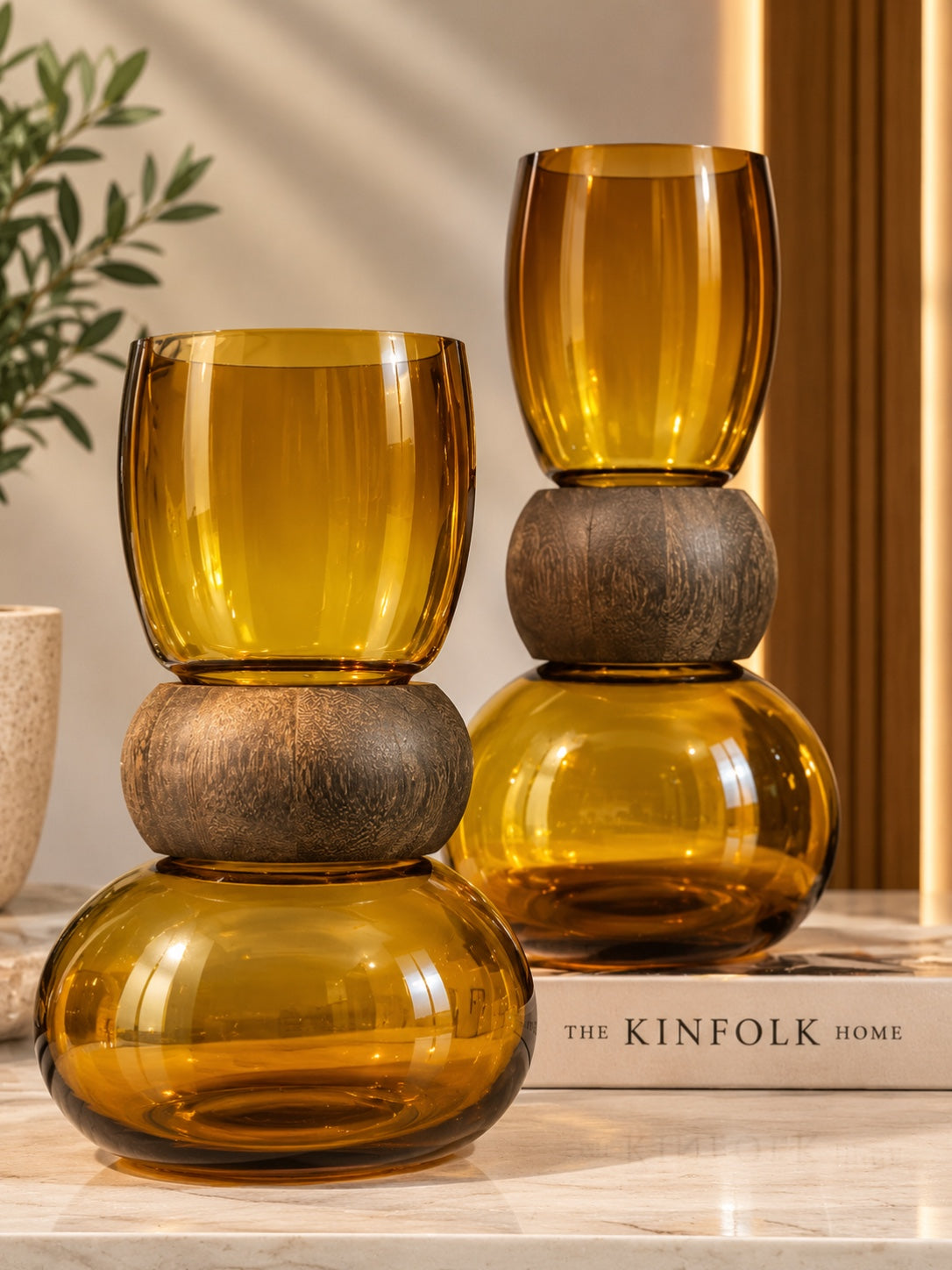 Amber Glow Glass & Wood Vase Set ✨