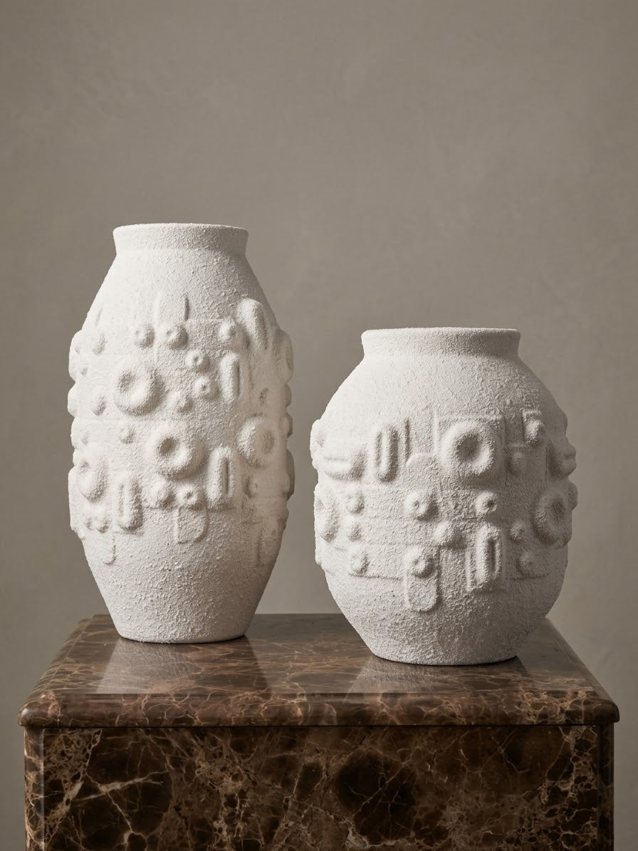 white sculptural vases.