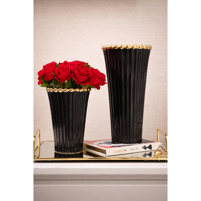 Black & Gold Fluted Vases – Set of 2