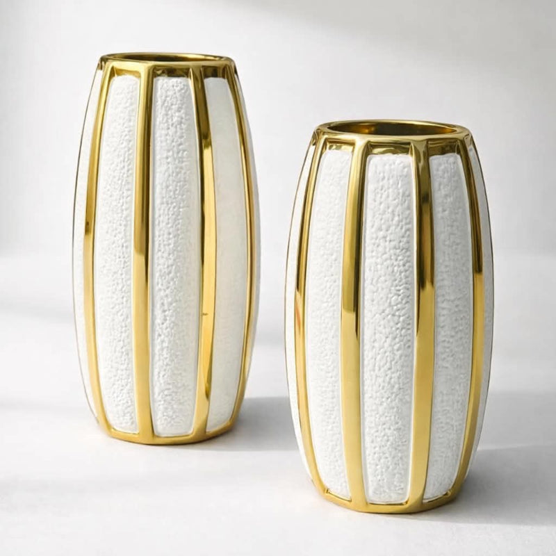 Gold Striped White Vases – Set of 2