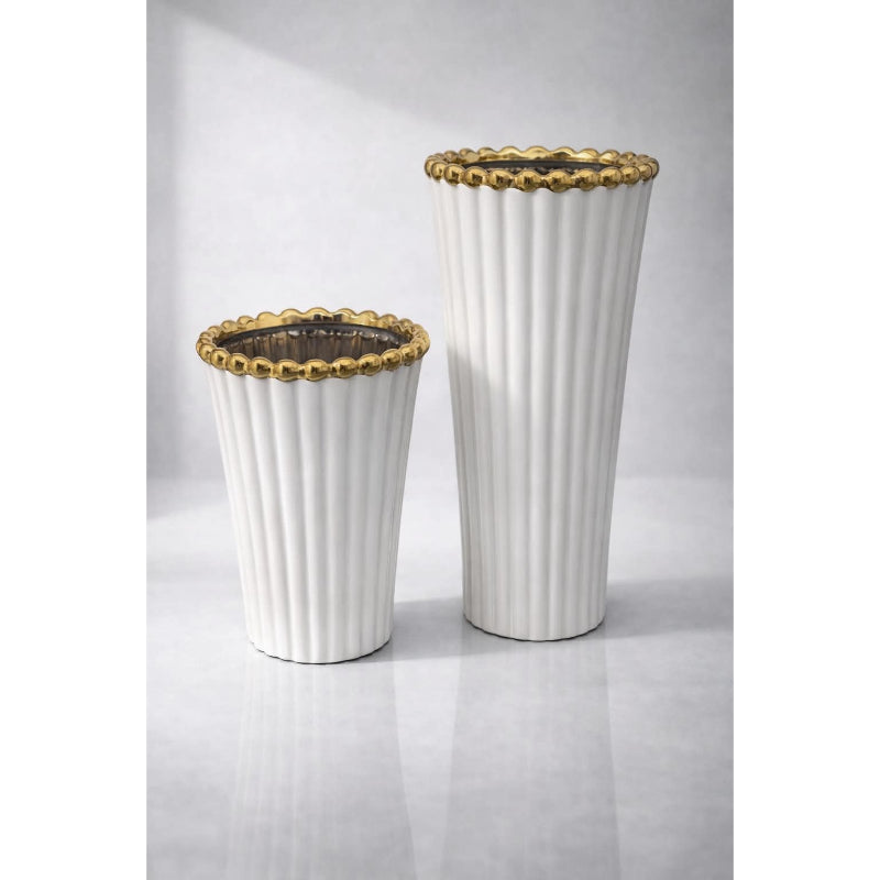 White & Gold Fluted Vases – Set of 2